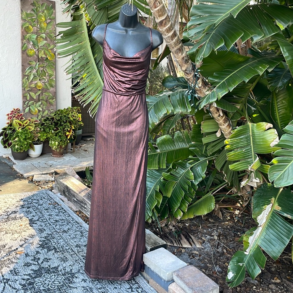 Laundry by Shelley Segal metallic bronze copper slit front  slip dress